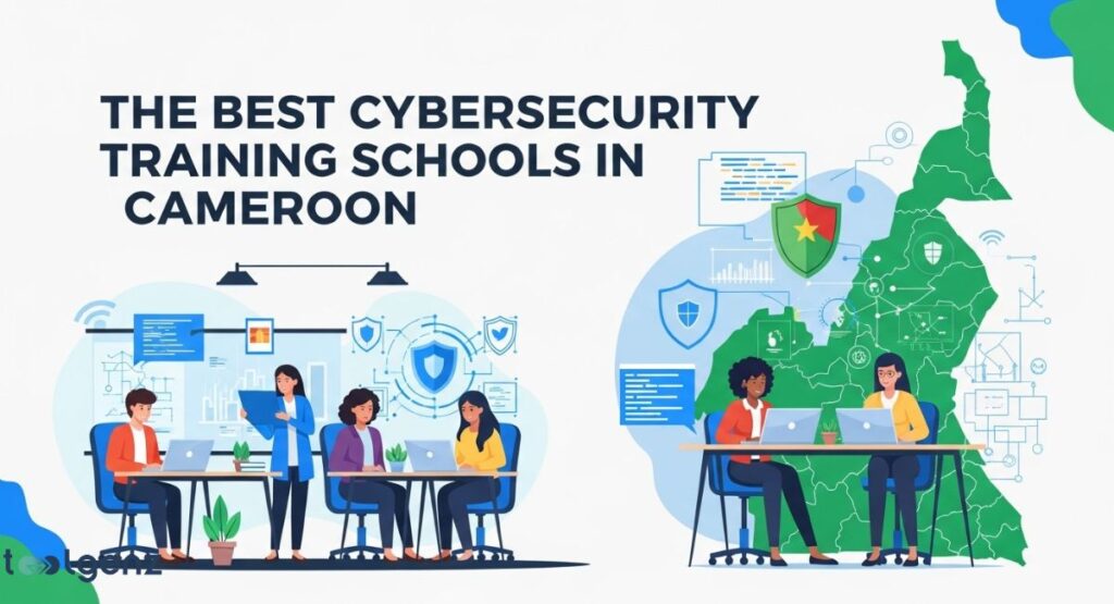 A two-part graphic illustrating cybersecurity training. The left side shows four individuals collaborating at a table with laptops, surrounded by cybersecurity icons. The right side features a map of Cameroon with various security-related icons.