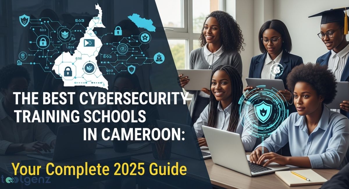 A group of diverse students in a classroom setting, some working on laptops. An infographic of the map of Cameroon, overlaid with cybersecurity-related icons like a shield, lock, and data points, is featured in the top left.