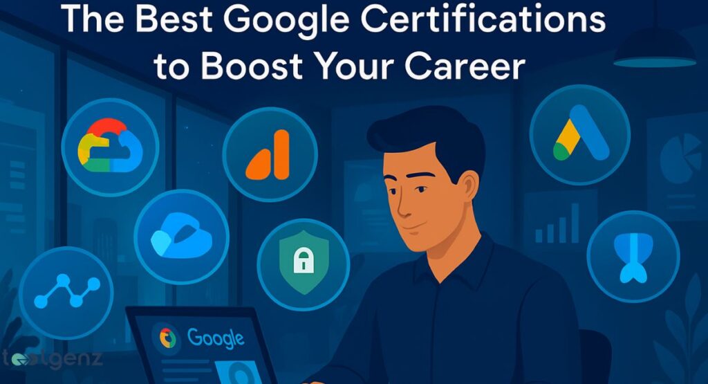 "The Best Google Certifications to Boost Your Career." The image features a man working on a laptop with the Google logo. Around him are floating circular icons representing various Google certifications, including those for the Google Cloud, Google Analytics, and a padlock icon possibly for cybersecurity.