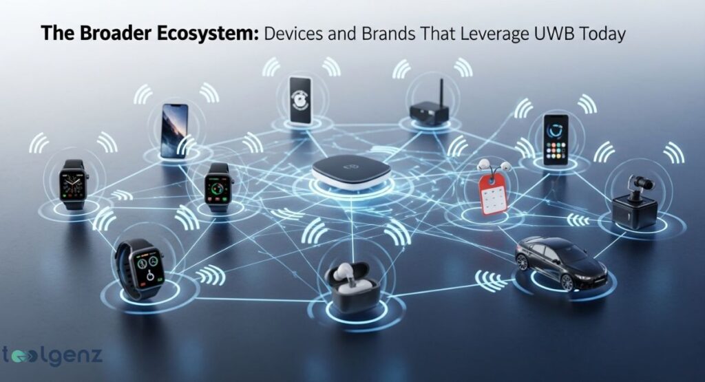 A digital network of connected devices, including smartphones, smartwatches, wireless earbuds, and a car, all linked by a central hub. Glowing, wavy lines connect them, symbolizing Ultra-Wideband (UWB) technology. The title reads "The Broader Ecosystem: Devices and Brands That Leverage UWB Today."