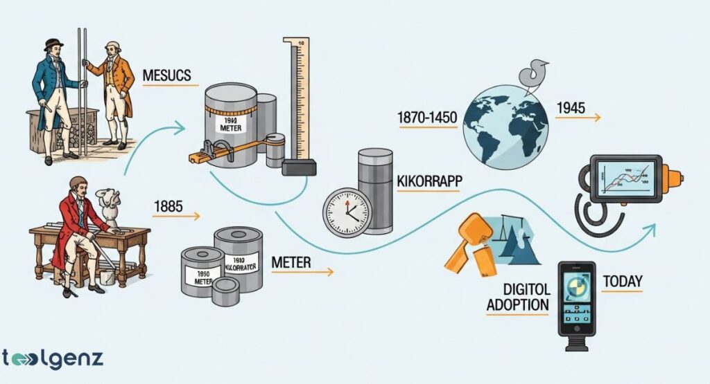 An infographic timeline showing the evolution of the metric system from historical figures using measuring tools to a modern-day smartphone displaying digital measurements. The graphic includes illustrations of scales, clocks, and digital devices with corresponding dates.