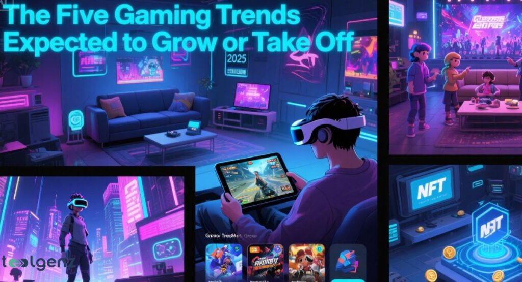 The collage includes a person playing a game on a tablet while wearing a VR headset, a family playing a console in a living room, a futuristic cityscape with a person in a VR headset, and a holographic display for NFTs and crypto.