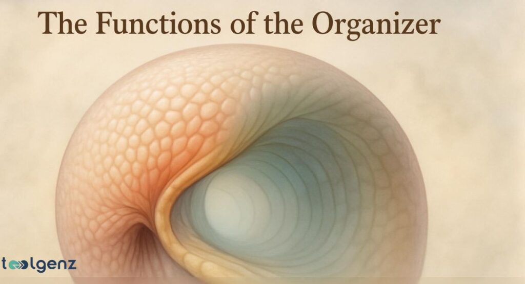 A 3D illustration of an embryonic gastrula with an inward fold, representing the "organizer" region. The surface texture is cellular, and the colors transition from warm tones like orange and peach to cool tones like blue and green in the folded region. The title at the top is "The Functions of the Organizer."