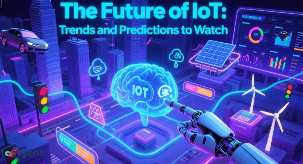 "The Future of IoT: Trends and Predictions to Watch." The image is a futuristic, neon-lit cityscape with a brain-like icon labeled "IOT" at its center. A robotic arm with a glowing finger points at the central brain. Surrounding the brain are various icons representing connected technologies like a car, traffic light, wind turbines, and solar panels. Several data displays with graphs are also present, and a robotic hand points to them, suggesting a focus on data and automation.