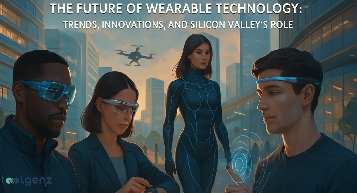 "THE FUTURE OF WEARABLE TECHNOLOGY: TRENDS, INNOVATIONS, AND SILICON VALLEY'S ROLE." The image shows a group of diverse professionals in a futuristic cityscape. The individuals are wearing various types of wearable technology, including augmented reality glasses and a futuristic headset. A drone flies overhead, and one person is interacting with a holographic display.