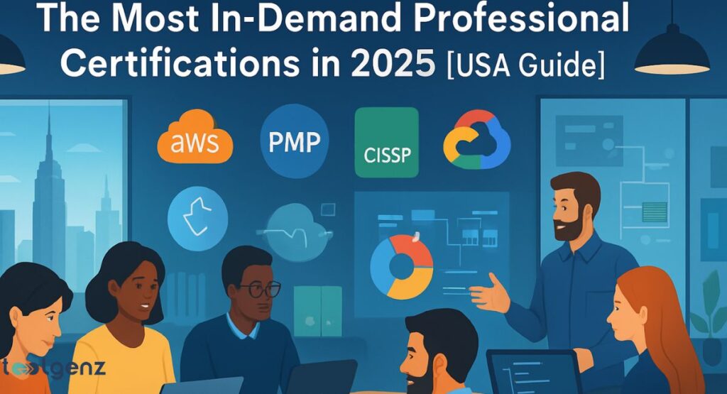 The image shows a male presenter with a beard speaking to a diverse group of four professionals in a modern office. Various circular icons representing different certifications, such as AWS, PMP, CISSP, and Google Cloud, are floating above the conference table.