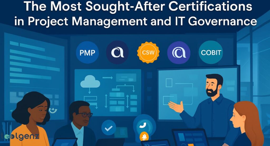 "The Most Sought-After Certifications in Project Management and IT Governance." A male presenter with a beard is giving a presentation to four professionals in a modern office. The background screen displays various certification logos, including PMP, CSW, and COBIT.