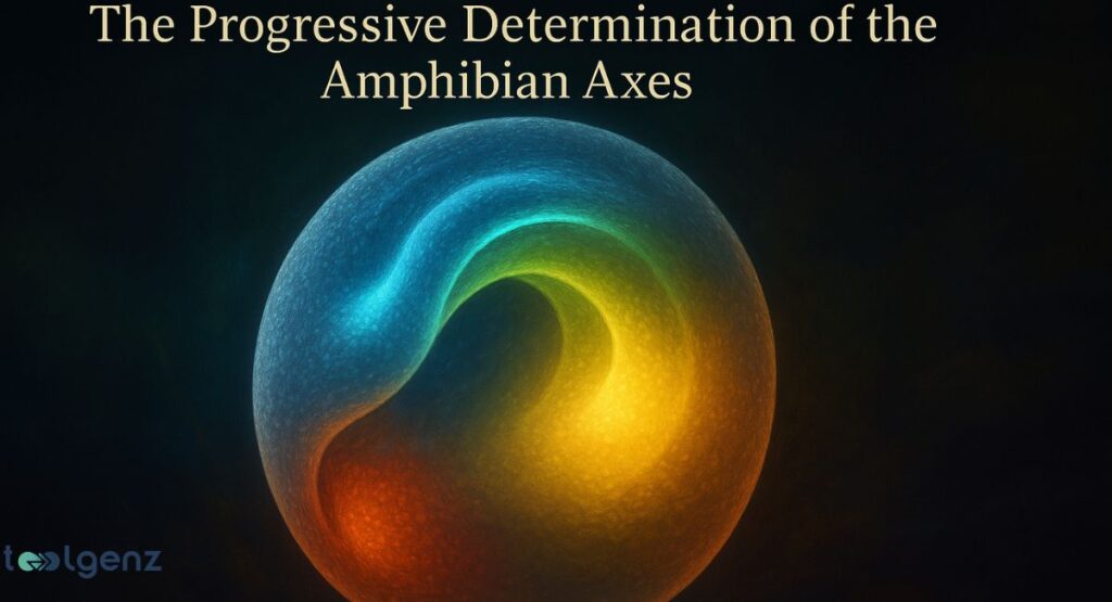 A mesmerizing, abstract image of a swirling, glowing orb in shades of blue, yellow, and orange, against a dark background. The title at the top reads "The Progressive Determination of the Amphibian Axes."