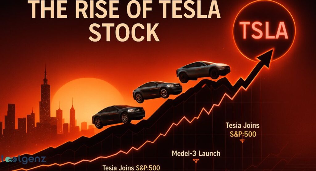Rise of Tesla Stock, A dark red and orange graphic with three Tesla-like cars driving up a rising line graph. The chart illustrates key milestones, including the "Model-3 Launch" and "Tesla Joins S&P:500," culminating in the "TSLA" logo at the top.