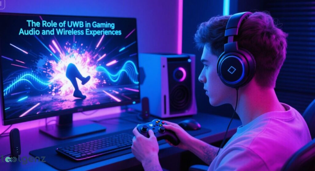 A gamer wearing wireless headphones and holding a controller, intensely focused on a computer monitor. The screen displays the title "The Role of UWB in Gaming Audio and Wireless Experiences" over an animated visual of sound waves and a running figure.