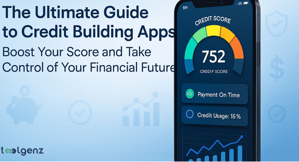 "The Ultimate Guide to Credit Building Apps: Boost Your Score and Take Control of Your Financial Future." The image features a smartphone displaying a credit score of 752 with a progress bar and icons for "Payment On Time" and "Credit Usage: 15%." Various icons related to finance, such as a piggy bank, a shield, and a line graph, are also visible in the background.