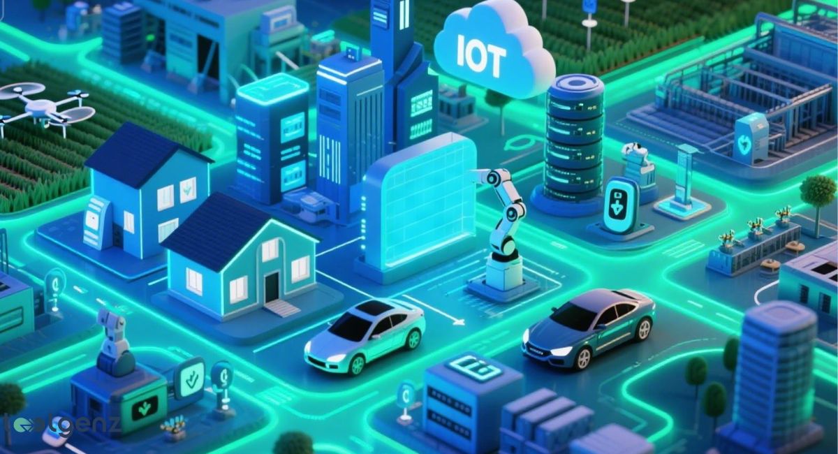 Internet of Things (IoT). The cityscape is composed of various connected elements, including houses, cars, streetlights, and a robot, all linked by glowing blue lines. A cloud icon with "IOT" written on it is prominently featured in the top center, and a drone is flying on the left side.