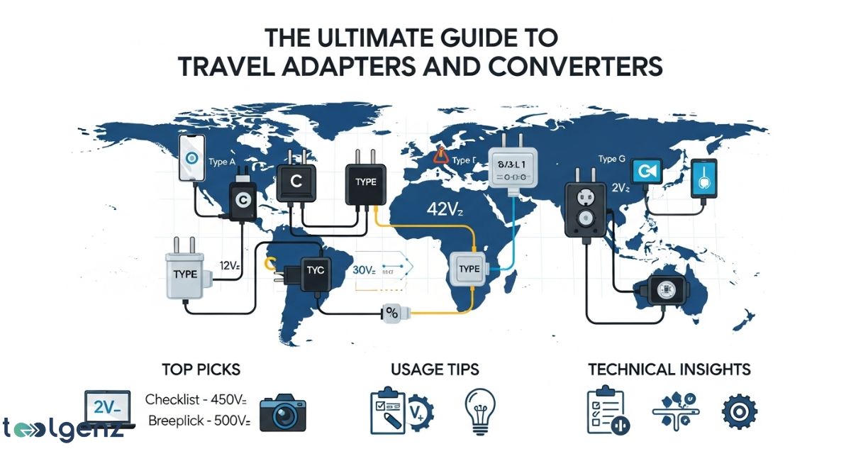 A world map displays various types of travel adapters and converters connected to different continents by glowing lines, illustrating global power standards. Below the map, sections for "TOP PICKS," "USAGE TIPS," and "TECHNICAL INSIGHTS" are shown with relevant icons.