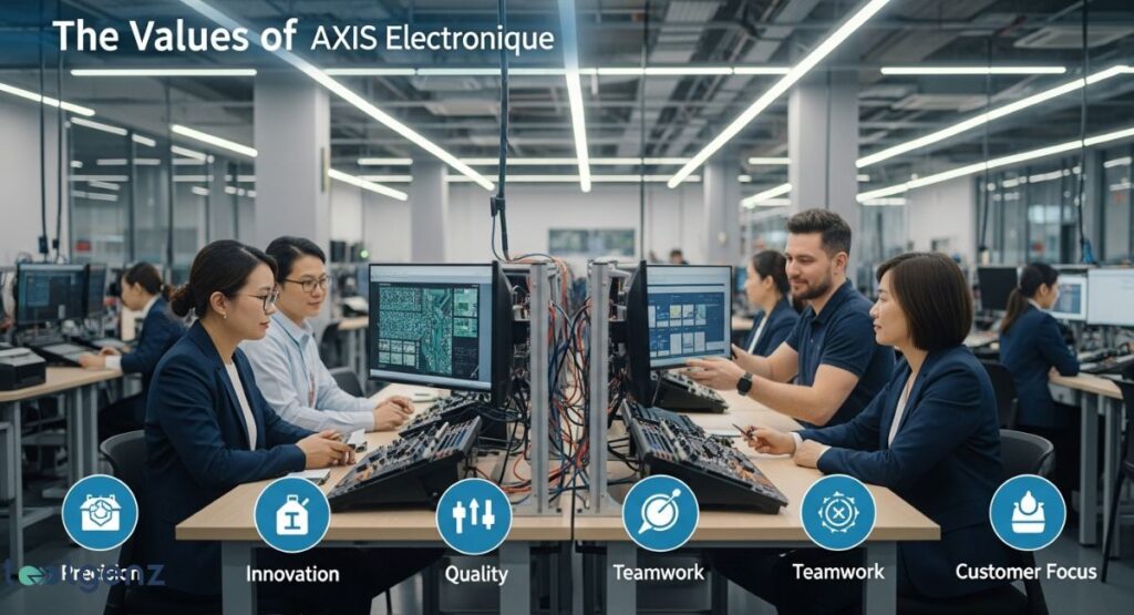 A group of professionals are working in a modern office with multiple computer screens displaying complex data. The foreground features icons and text highlighting company values like "Innovation," "Quality," "Teamwork," and "Customer Focus."