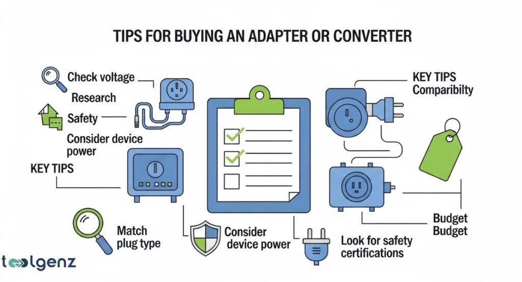 A central clipboard with a checklist is surrounded by icons and text giving tips for buying a travel adapter or converter. The tips include "Check voltage," "Research," "Safety," and "Consider device power." Icons representing these tips include electrical plugs, a magnifying glass, and a shield.