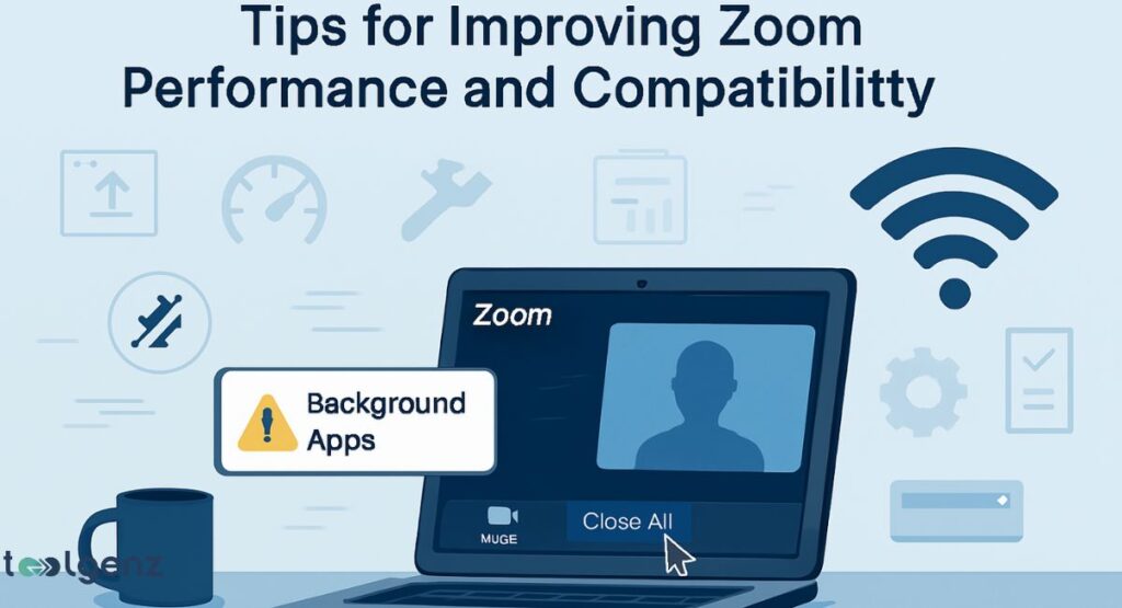An illustration of a laptop with a "Zoom" call open, surrounded by icons representing tips for improving performance, such as a strong Wi-Fi signal, a wrench tool, a checklist, and a clock. A pop-up window on the laptop screen warns about "Background Apps" and a button says "Close All." The title is "Tips for Improving Zoom Performance and Compatibility."