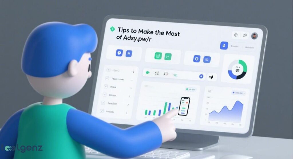 A cartoon character points at a computer screen displaying a dashboard for the Adsy.pw/r service, featuring various charts and icons that illustrate tips for effective use.