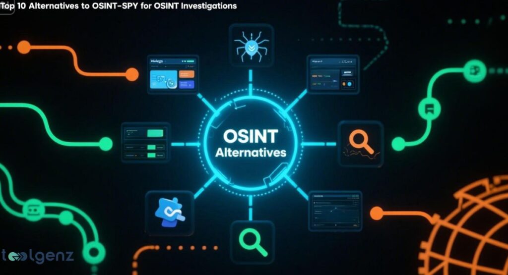 A dark, digital-themed infographic titled "Top 10 Alternatives to OSINT-SPY for OSINT Investigations." It features a central hub labeled "OSINT Alternatives," with a web of colored lines connecting to various icons and data screens representing different tools.