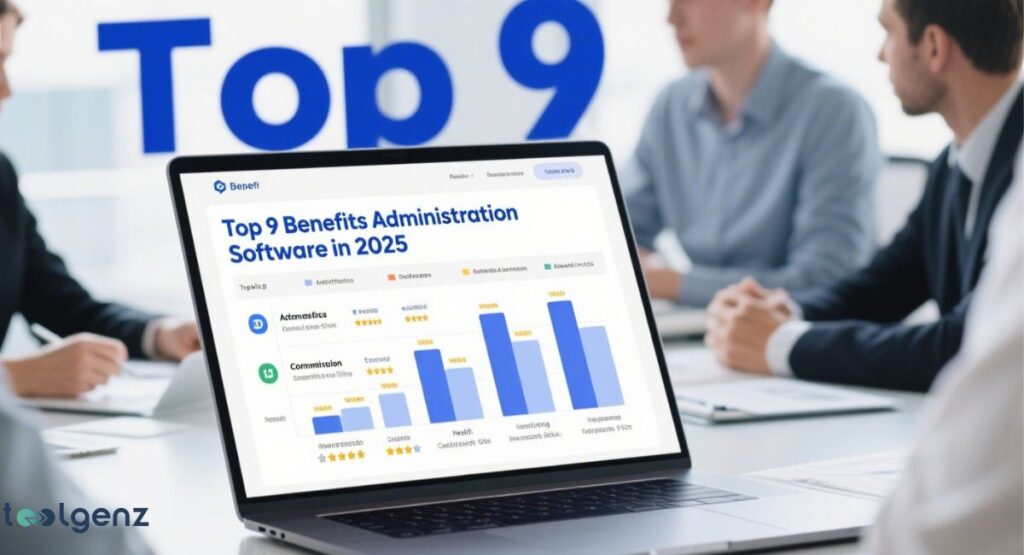 A laptop screen displays a ranking of "Top 9 Benefits Administration Software in 2025," featuring a bar chart and star ratings for various software platforms. The laptop is on a conference table with blurred business professionals in the background.