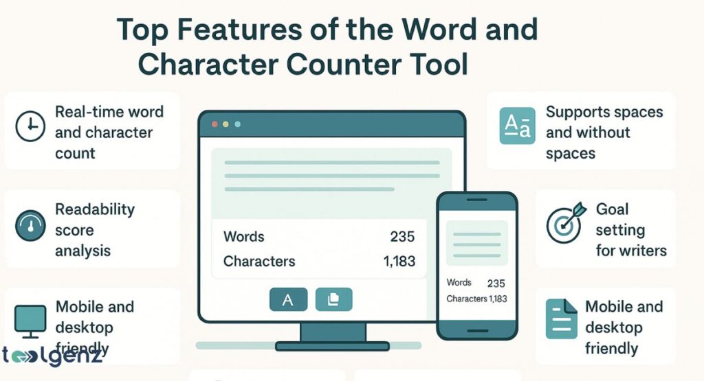 "Top Features of the Word and Character Counter Tool." The image displays a desktop and a mobile phone side-by-side, both showing a word and character count for a text. Surrounding the devices are icons and text describing the key features: "Real-time word and character count," "Readability score analysis," "Supports spaces and without spaces," "Goal setting for writers," and "Mobile and desktop friendly."