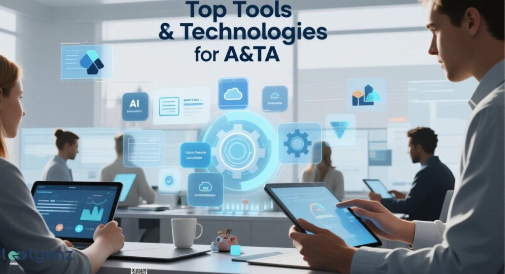 A man and woman in an office, each working on a laptop and tablet, with a large holographic circle in the center displaying icons for various business technologies. The title at the top is "Top Tools & Technologies for A&TA."