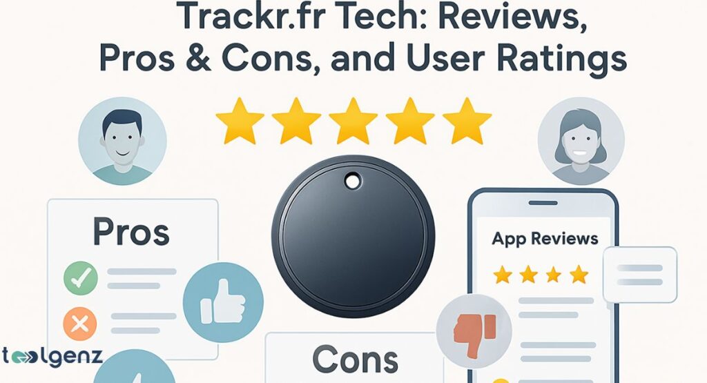 It features a central circular tracker device surrounded by illustrations of two people and various icons representing positive and negative reviews, including a five-star rating and a smartphone with an app review section.