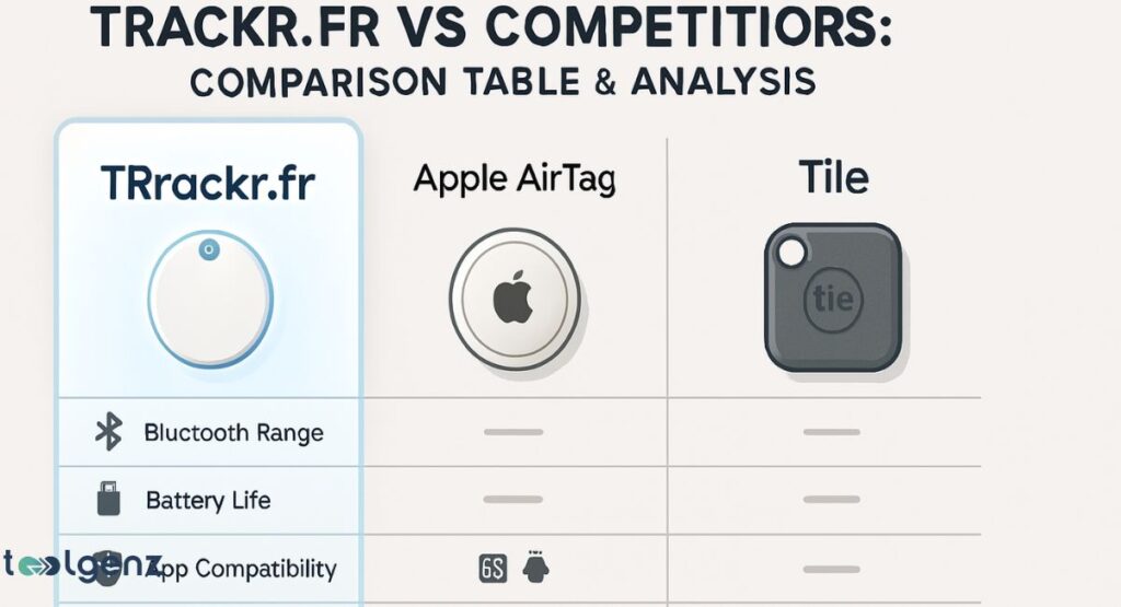 The table compares "Trackr.fr," "Apple AirTag," and "Tile." It includes rows for "Bluetooth Range," "Battery Life," and "App Compatibility."