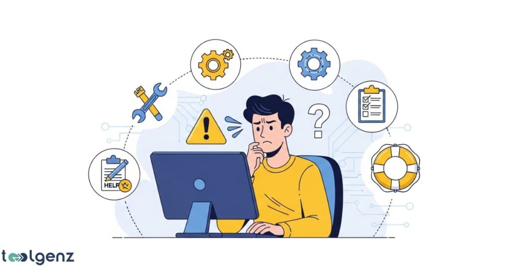 A cartoon illustration of a frustrated man with a confused expression, sitting in front of a computer screen with a large question mark. He is surrounded by icons representing troubleshooting tools and help, such as a wrench, a gear, a checklist, a life preserver, and a warning triangle.
