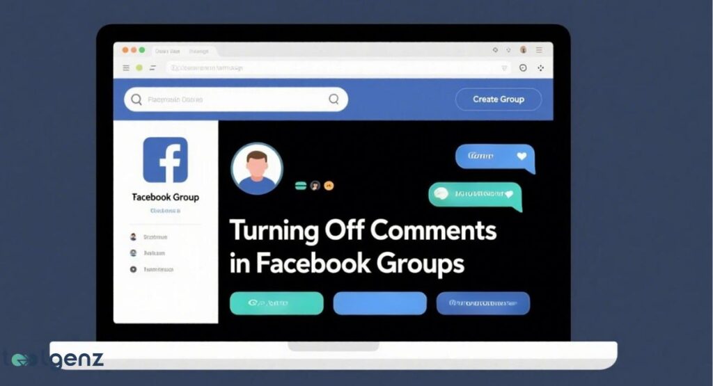 An illustration of a laptop displaying a Facebook Group interface. The screen shows a profile icon, a "Create Group" button, and a post with chat bubbles and a title that says, "Turning Off Comments in Facebook Groups." The laptop is shown in a dark, clean setting.