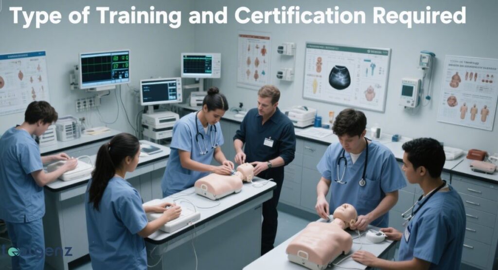 A group of medical students in a classroom or lab setting are being instructed on how to use sonography and perform CPR on medical mannequins. The title of the image is "Type of Training and Certification Required."