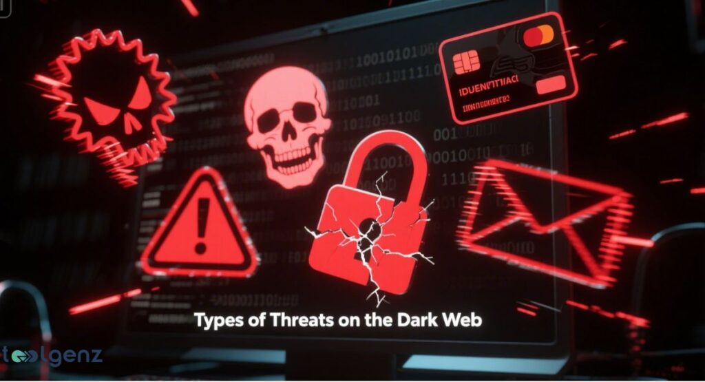 An illustration showing various threats associated with the dark web, including a skull, a cracked padlock, an exclamation point in a triangle warning sign, a malware symbol, a credit card, and an envelope. The title of the image is "Types of Threats on the Dark Web."
