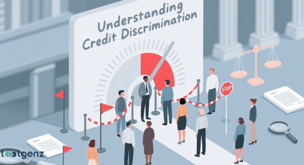 "Understanding Credit Discrimination." The image depicts a line of people of diverse backgrounds waiting in front of a large, red and white dial with a red "STOP" sign. A man in a suit is at the center of the dial, suggesting he is making a decision. The scene includes scales of justice, a magnifying glass, and documents, symbolizing the legal and financial aspects of the issue.