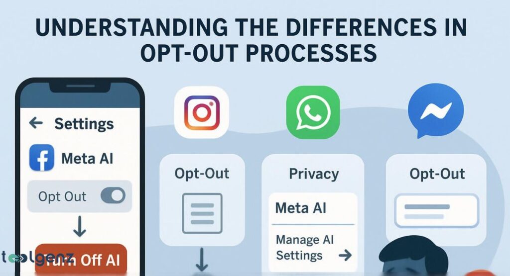 "Understanding the Differences in Opt-Out Processes." It displays a smartphone with a "Meta AI" settings menu and icons for Instagram, WhatsApp, and Messenger. Each icon is linked to a different opt-out process, visually explaining that the steps to disable AI features vary across Meta's platforms.