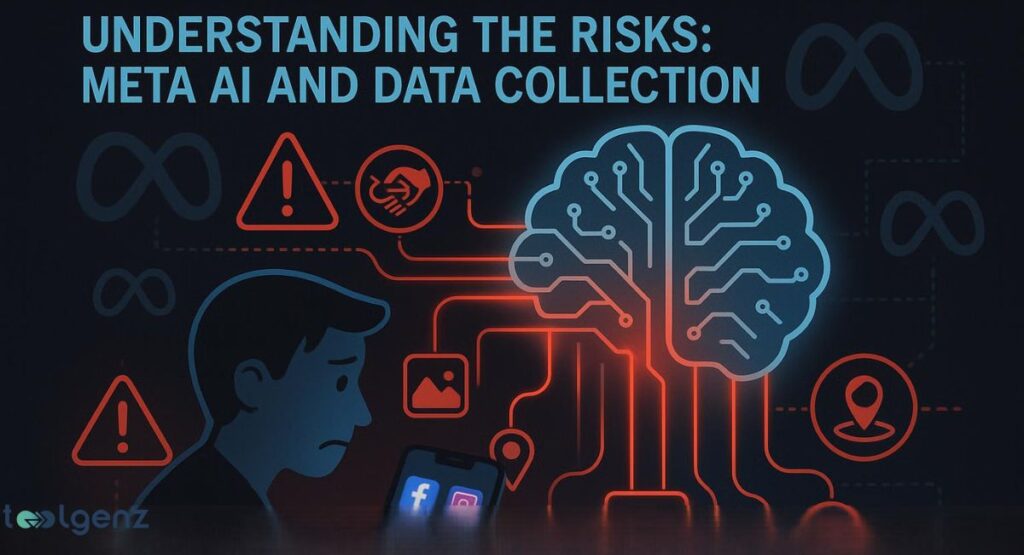 "Understanding the Risks: Meta AI and Data Collection." It shows a silhouette of a person looking concerned while holding a smartphone displaying the Facebook and Instagram logos. A large, circuit-like brain is connected to the phone, with a network of red lines and various warning icons, including a large red triangle and a symbol of a hand shaking a robot hand.