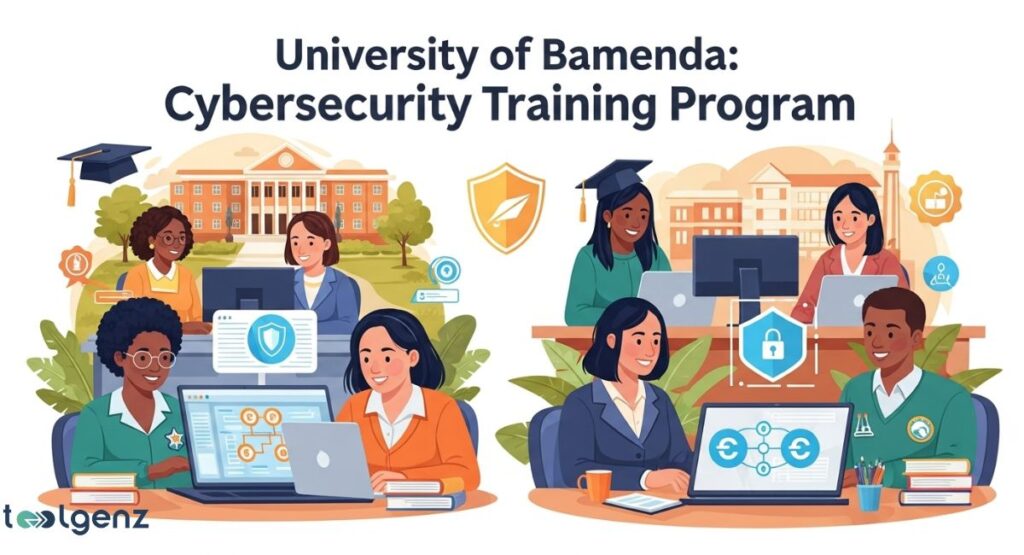 A two-panel illustration depicting cybersecurity training at the University of Bamenda. On the left, a group of students study in front of a traditional university building. On the right, a different group works with laptops, with a cityscape in the background. Icons representing security, graduation, and data are included in both scenes.