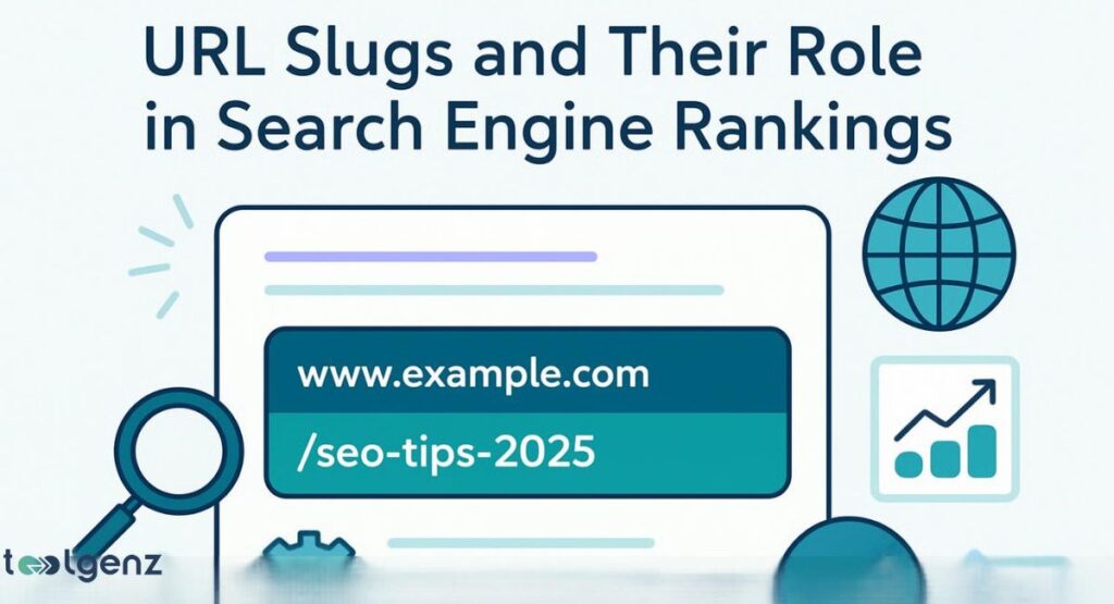 "URL Slugs and Their Role in Search Engine Rankings." It shows a browser window with a URL, highlighting the domain name and the SEO-friendly slug "/seo-tips-2025." Surrounding the window are icons of a globe, a magnifying glass, and an upward-trending graph, which represent the importance of slugs for global reach, search visibility, and improved rankings.