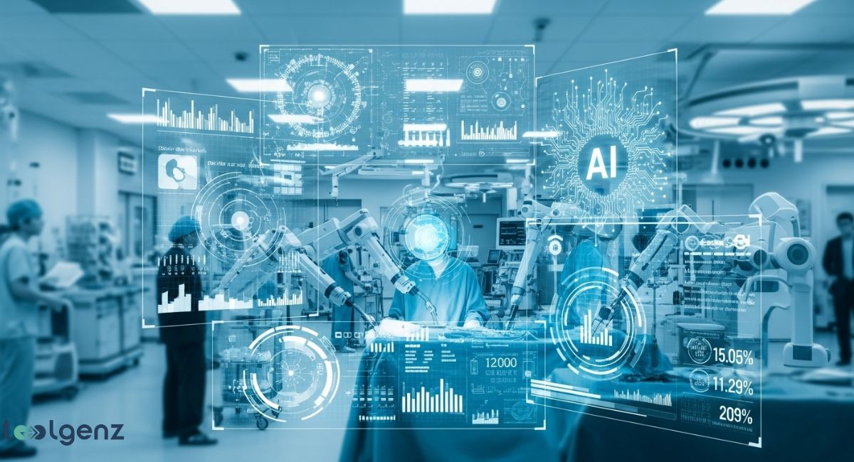 A futuristic medical operating room is overlaid with holographic data displays and charts, including a prominent "AI" graphic. Medical professionals are visible in the background, interacting with advanced robotic equipment, us healthcare system is in crisis challenges innovations and the road ahead