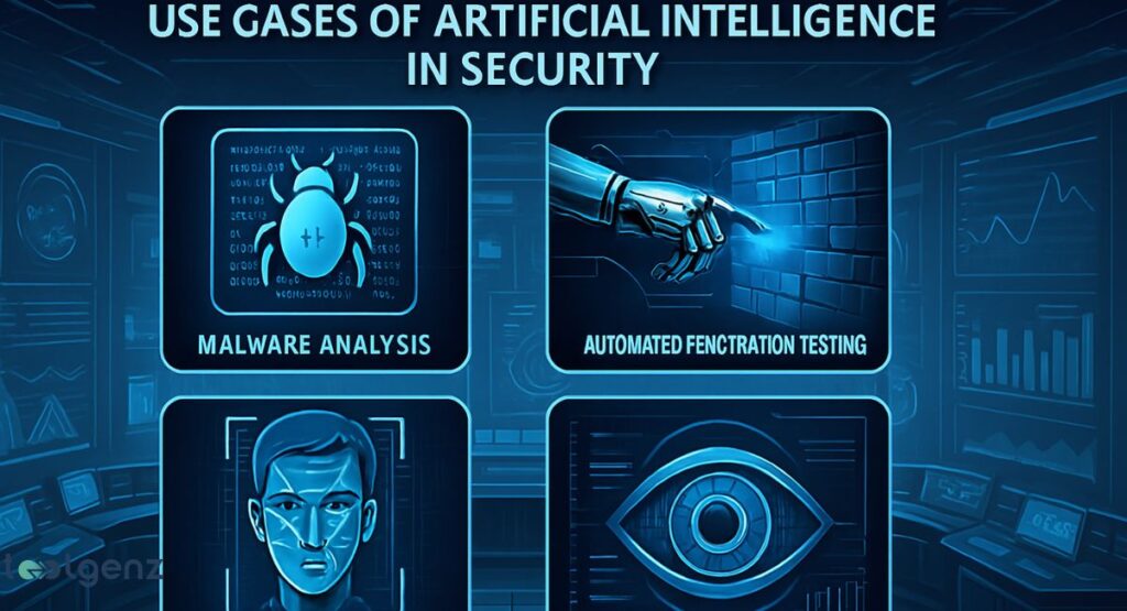 A four-panel infographic on a dark blue background showcasing different use cases of Artificial Intelligence in security. The panels depict: a bug icon for "Malware Analysis," a robotic arm for "Automated Penetration Testing," a face with a digital overlay for facial recognition, and a futuristic eye for threat detection.
