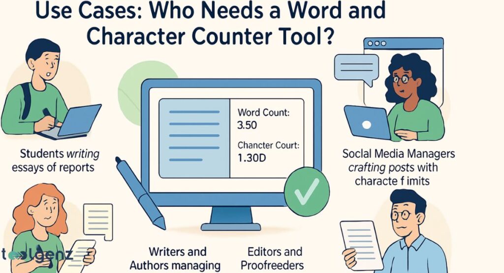 "Use Cases: Who Needs a Word and Character Counter Tool?" The image shows a computer screen with a text document and a word and character count. Surrounding the screen are illustrations of various people who can benefit from such a tool, including: "Students writing essays or reports," "Writers and Authors managing their word count," "Editors and Proofreaders," and "Social Media Managers crafting posts with character limits.