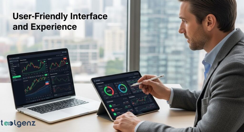 A man in a suit is working on a laptop and a tablet, both displaying financial charts and data in a dark mode interface. The cityscape is visible outside the window in the background.