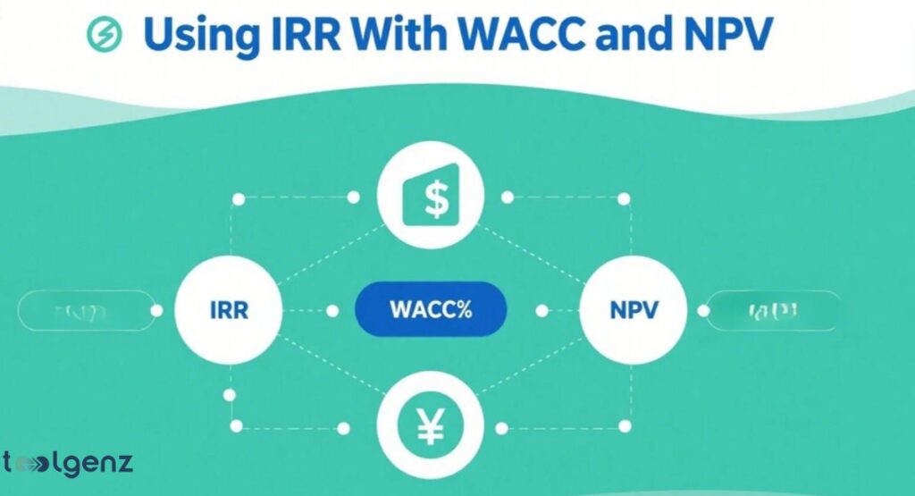 "Using IRR With WACC and NPV." The image displays a flowchart-like diagram with four circles connected by dotted lines, and a central blue oval. The circles are labeled "IRR," "NPV," a dollar sign icon, and a yen sign icon. The central oval is labeled "WACC%." The diagram illustrates the relationship between these financial metrics.