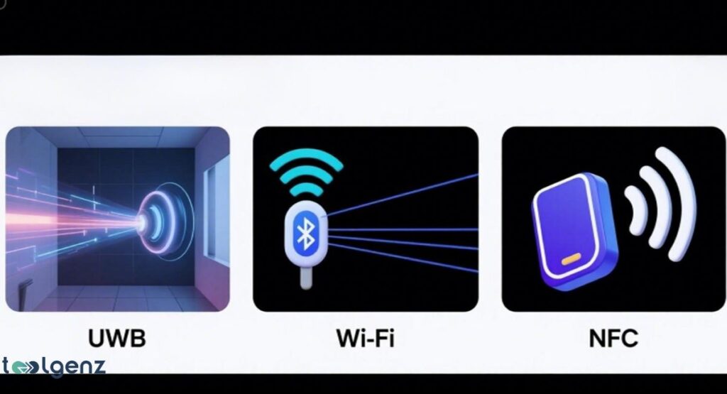 A graphic comparing UWB, Wi-Fi, and NFC technologies. UWB is shown with precise, focused signals; Wi-Fi with broader, branching signals from a Bluetooth-like dongle; and NFC with a small, close-range signal.