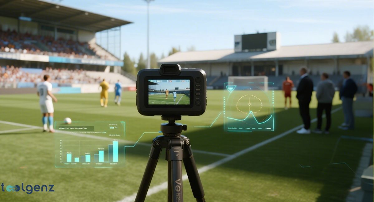 A Veo Camera 3 on a tripod on the sidelines of a soccer field, with players in the background. Holographic screens displaying AI analysis, live-streaming icons, and graphs hover around the camera. The title at the top is "Veo Camera 3 Review: Features, Live-Streaming, AI Analysis, and Complete User Guide.
