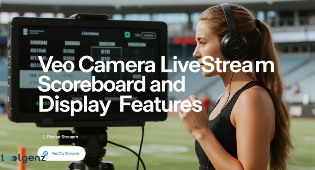 A young woman wearing headphones sits on a sports field and looks at a large screen displaying the Veo camera's livestream and scoreboard. The title at the top is "Veo Camera LiveStream Scoreboard and Display Features."