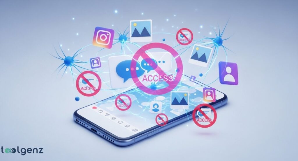 A smartphone with a cross-out icon over a speech bubble and the text "ACCESS" is surrounded by floating icons of Instagram, photos, and user profiles. A pink circle with a line through it, similar to a "no" symbol, is placed over the central icons.
