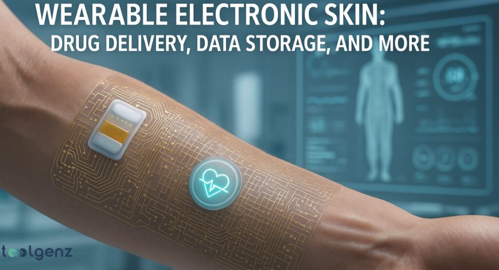 "WEARABLE ELECTRONIC SKIN: DRUG DELIVERY, DATA STORAGE, AND MORE." The main focus is a person's forearm with a flexible, transparent electronic patch applied to it. The patch has visible circuit patterns and two distinct components: a white rectangular piece with yellow dots, and a glowing blue circle with a heart-and-lightning-bolt icon. In the blurry background, a digital screen displays a human body outline and medical data.