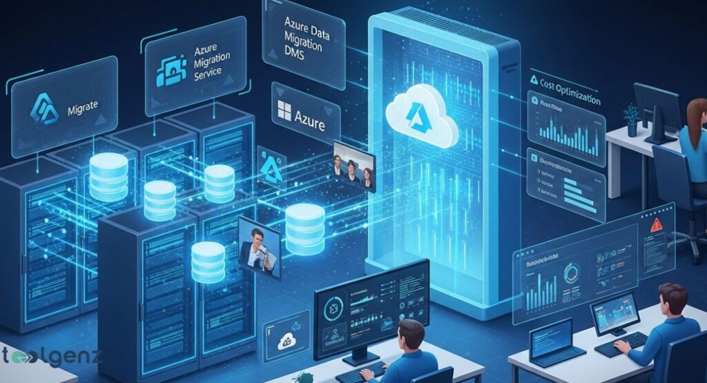 An illustration of a modern server room with business and IT professionals working with holographic data interfaces. Floating database cylinders, server racks, and a large cloud icon symbolize data migration. The title at the top is "Azure Migration Services."