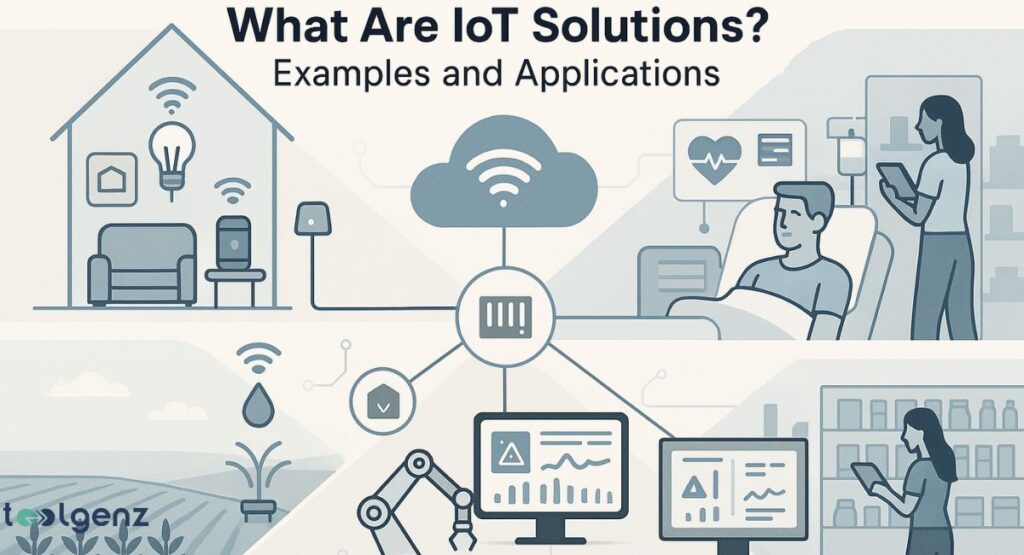 An infographic illustrating various IoT solutions in different environments. The image shows a smart home, smart agriculture with a sprinkler, a hospital room with a patient, a factory with a robotic arm, and a retail store, all interconnected by lines to a central cloud icon.