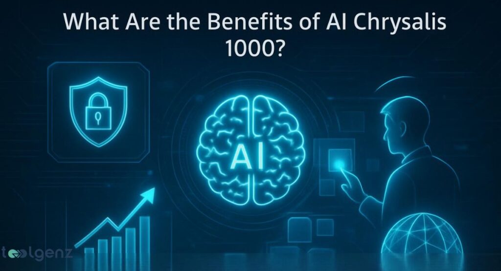 "What Are the Benefits of AI Chrysalis 1000?" The image shows a silhouette of a man interacting with a glowing, blue holographic brain icon that represents "AI Chrysalis 1000." Other holographic icons for cybersecurity and data analytics are also visible, floating in the background.