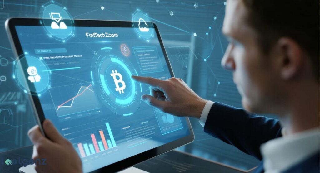 A man in a suit is using a tablet with a holographic screen, which displays a variety of financial data, including a Bitcoin symbol, graphs, and charts. He is pointing at the screen, and the background is a blurred, high-tech office environment.